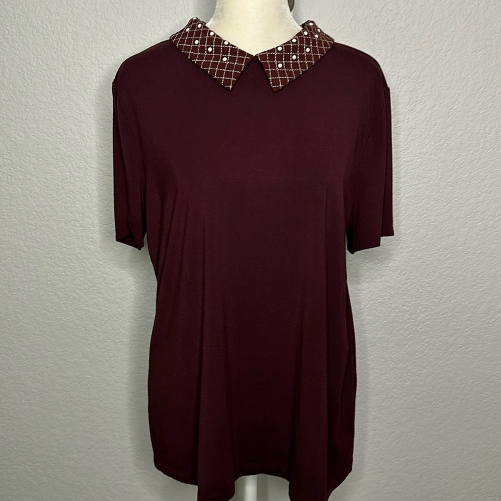 Ann Taylor Pearl Collar Short S Top Wine Burgundy Large